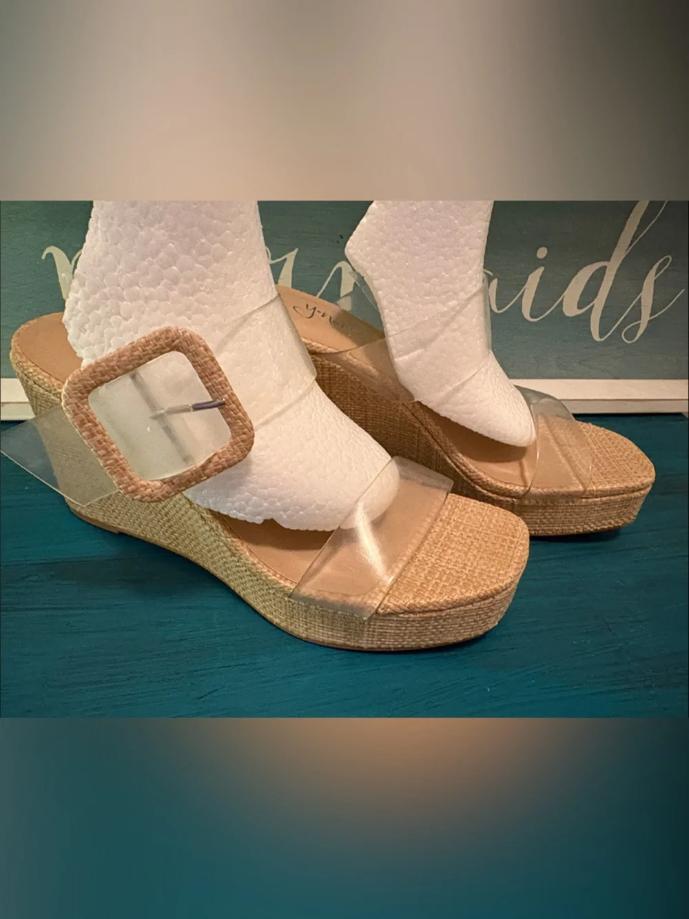 NWOB Clear Strap Raffia Wedge Sandals in Tan